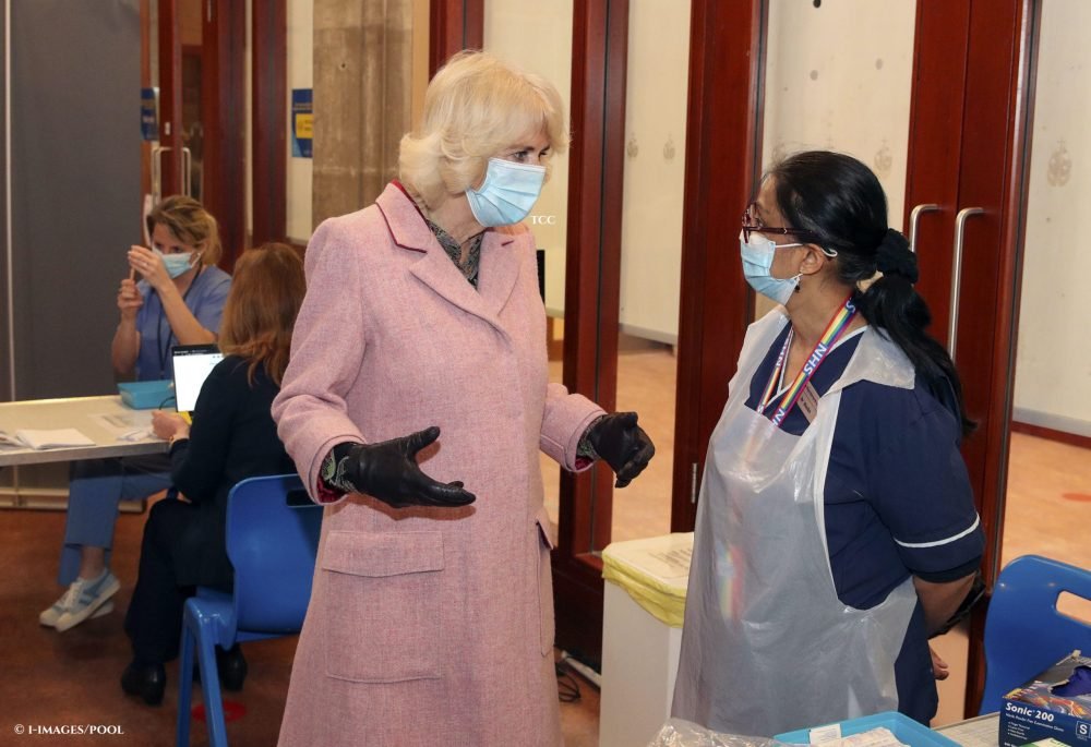 Image Licensed to i-Images Picture Agency. 03/03/2021. London, United Kingdom. Camilla, The Duchess of Cornwall, during a visit to a Covid 19 vaccination centre in Croydon, London. Picture by  i-Images / Pool