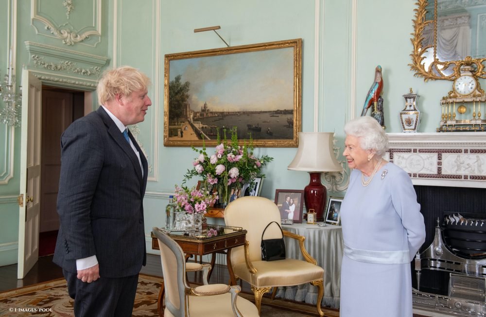 The Queen greets Prime Minister Boris Johnson during an audience at Buckingham Palace. It was The Queens first in-person weekly audience with the Prime Minister since the start of the coronavirus pandemic.