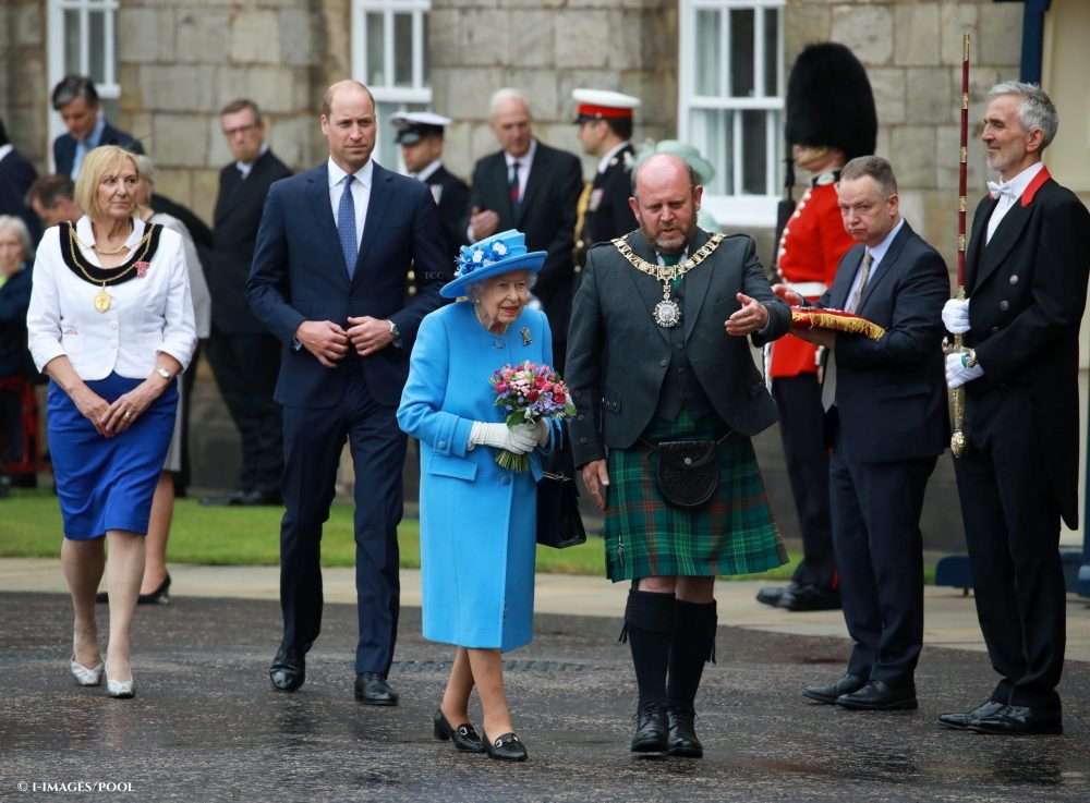 The Queen, accompanied by Prince William, The Duke of Cambridge, at the Ceremony of the Keys at the Palace of Holyroodhouse in Edinburgh