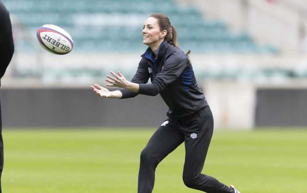 The Duchess of Cambridge takes part in an England rugby training session at Twickenham Stadium as her new RFL and RFU patronages were announced