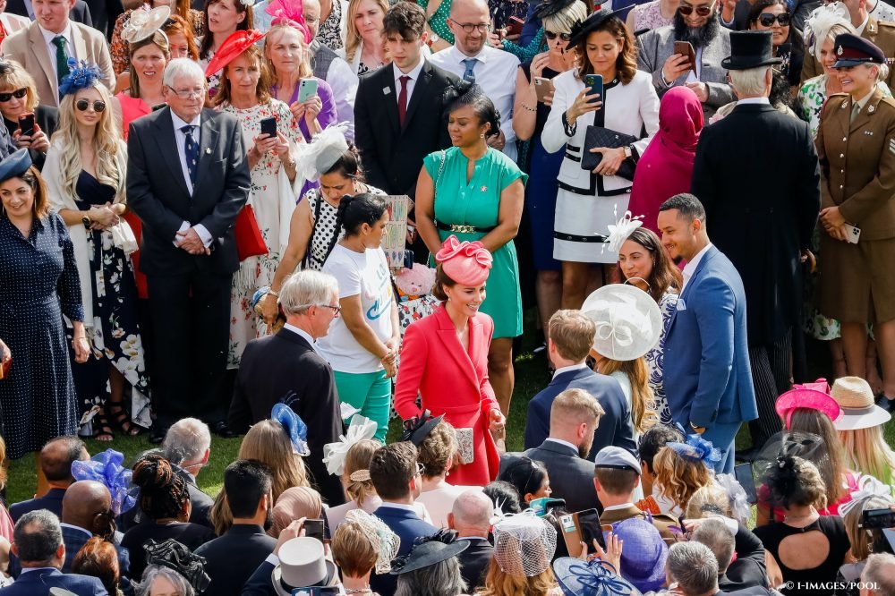 The Duchess of Cambridge at a Buckingham Palace Garden Party, chatting to guests