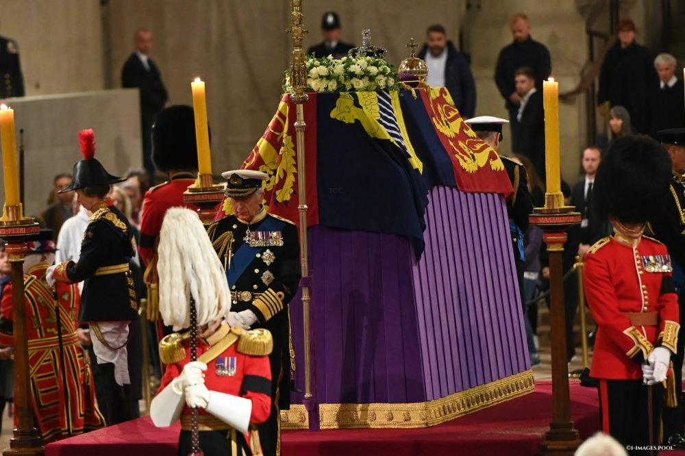 King Charles III at a vigil for Queen Elizabeth II at Westminster Hall in London, where the coffin of The Queen is Lying in State. He was joined by Princess Anne, Prince Andrew and Prince Edward while the public filed past.