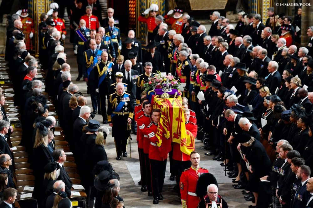 The State Funeral of Queen Elizabeth II at Westminster Abbey ; the coffin was borne by Grenadier Guards and followed by a procession of members of the Royal Family, including The King