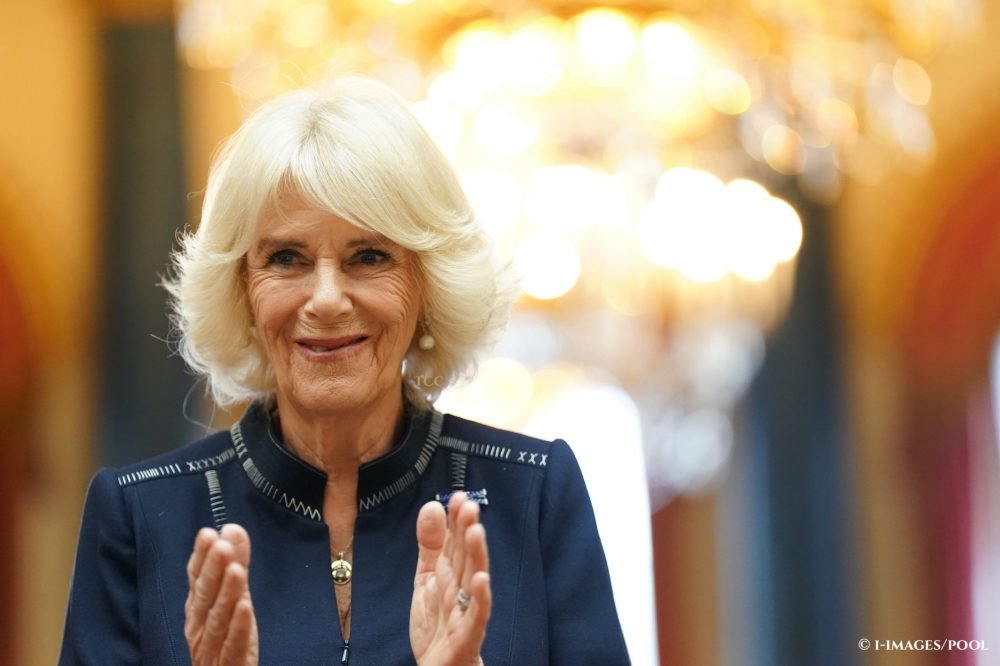 Queen Camilla at a reception for the winners of the Queen's Commonwealth Essay Competition at Buckingham Palace