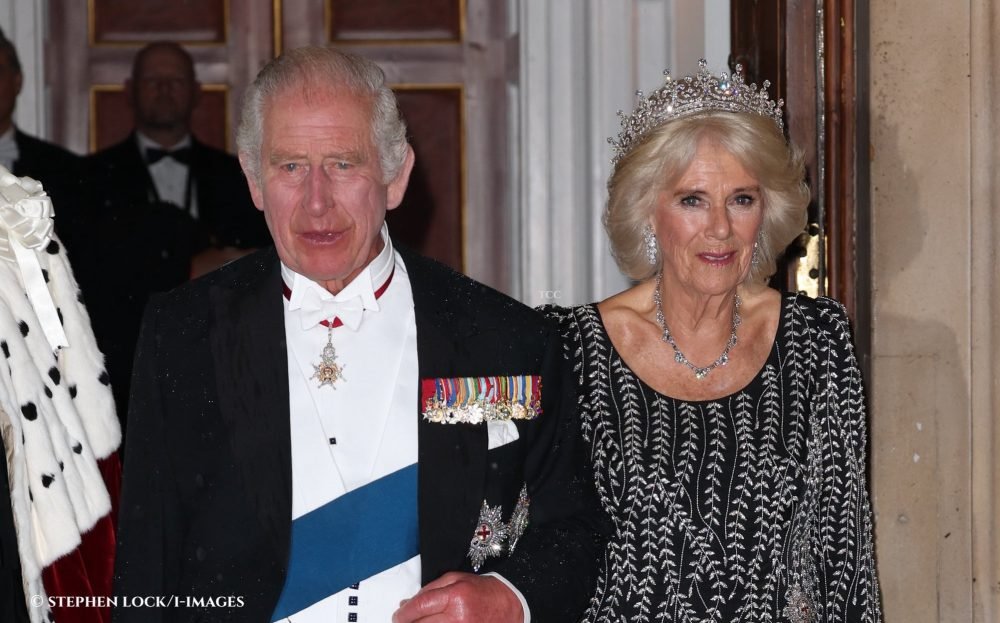 Image Licensed to i-Images Picture Agency. 18/10/2023. London, United Kingdom. King Charles III and Queen Camilla at the Mansion House in London for the Pearl Sword Ceremony and a reception and dinner to honour their Coronation .  Picture by Stephen Lock / i-Images