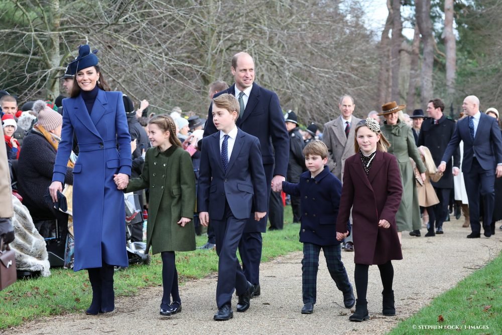 The Prince and Princess of Wales walk to church at Sandringham with their children, George, Charlotte and Louis, along with Mia Tindall