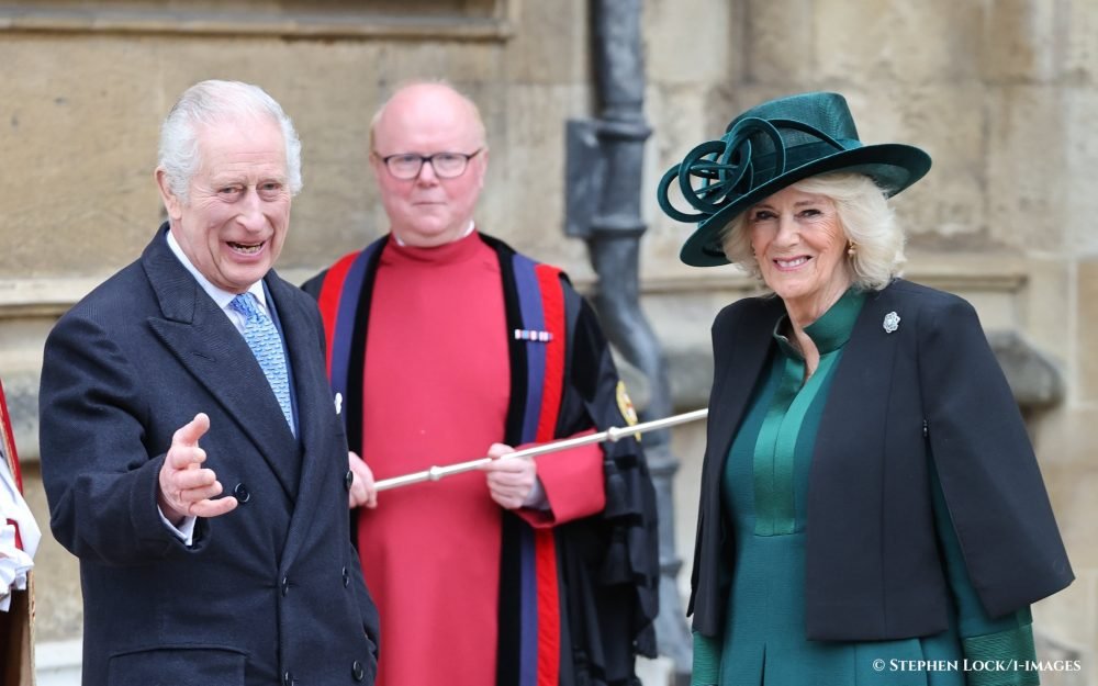 Image Licensed to i-Images Picture Agency. 31/03/2024. Windsor , United Kingdom. King Charles III and Queen Camilla along with other members of the UK Royal Family arriving for the Easter Sunday church service at  St.Georges Chapel, Windsor Castle, United Kingdom. Picture by Stephen Lock / i-Images