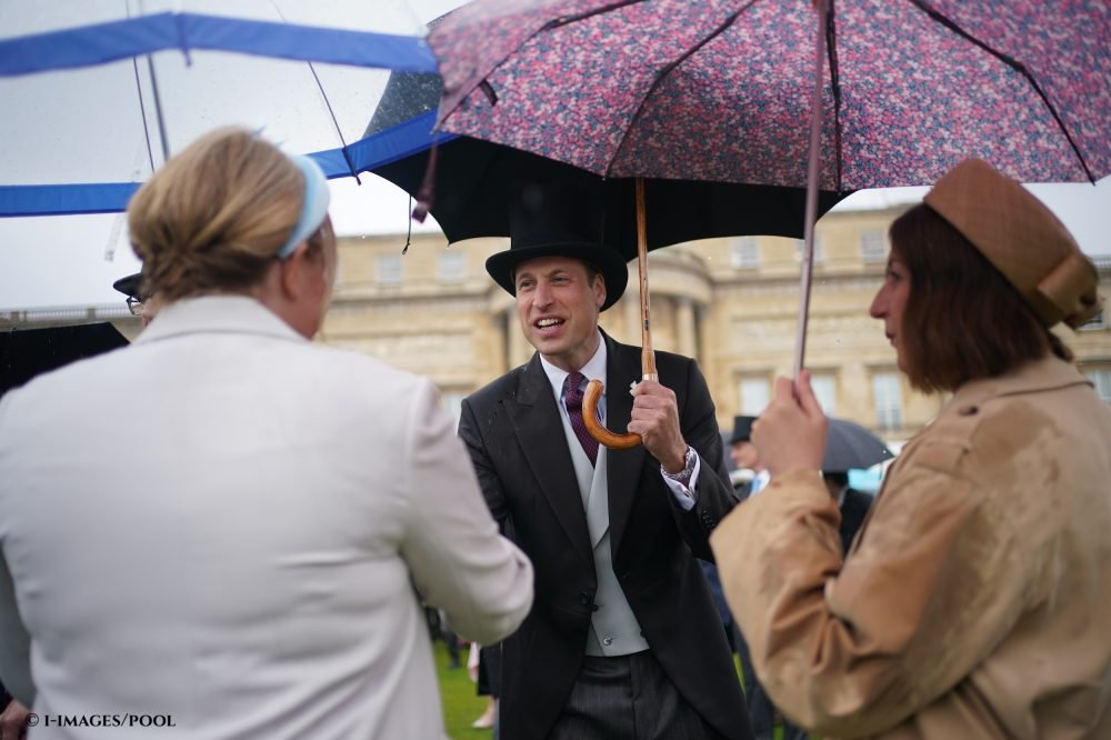 Prince William at a Buckingham Palace Garden Party, chatting to guests