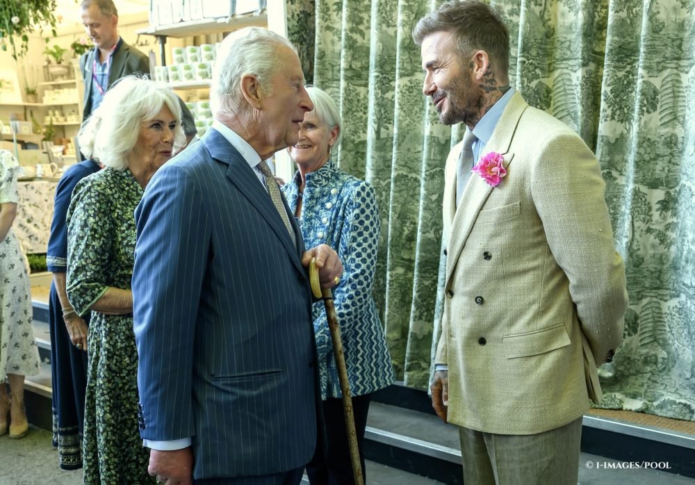 King Charles III and Queen Camilla with David Beckham during a visit to the  Chelsea Flower Show, May 2025
