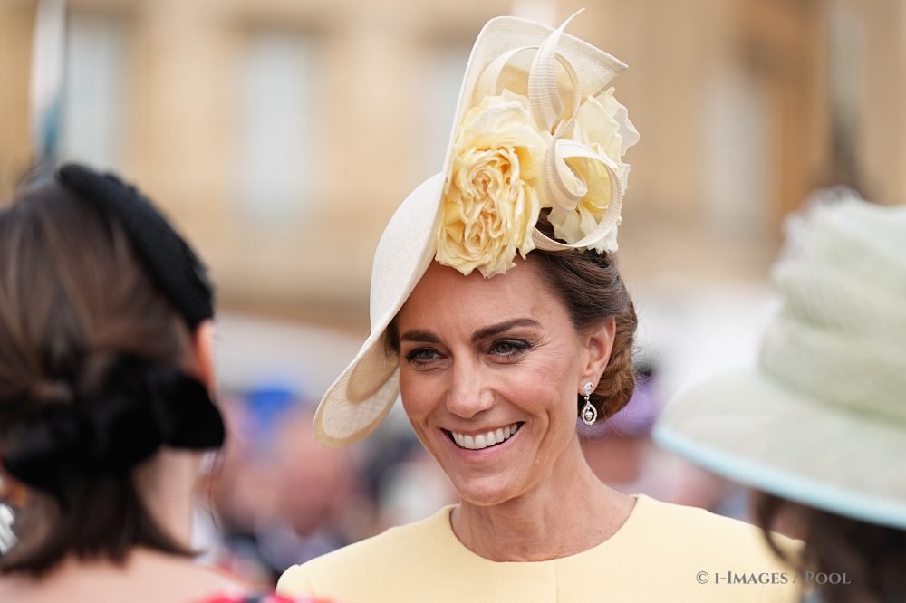 The Princess of Wales, at a Buckingham Palace Garden Party, wearing her acorn and oak leaf wedding earrings