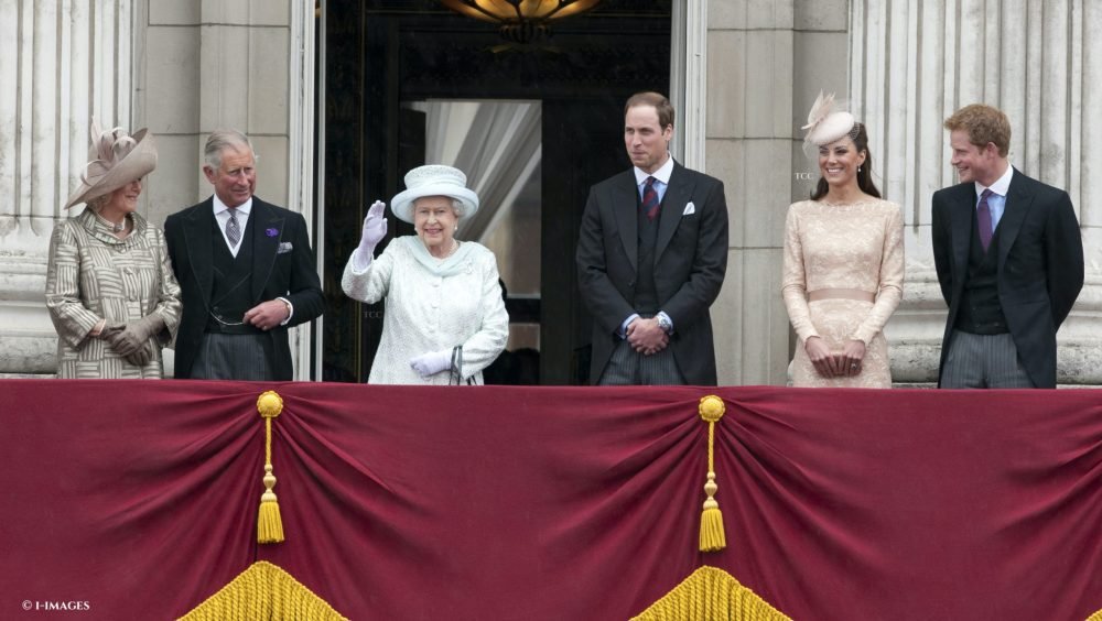 The Queen on the balcony of Buckingham Palace in London as she celebrates her Diamond Jubilee with Prince of Wales, Duchess of Cornwall, Duke and Duchess of Cambridge and Prince Harry in June 2012.