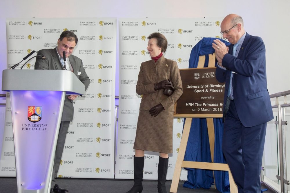 Chancellor Lord Bilimoria of Chelsea, The Princess Royal, and Vice-Chancellor Professor Sir David Eastwood at a reception to officially mark the opening of the university of birmingham's sport centre (uob)
