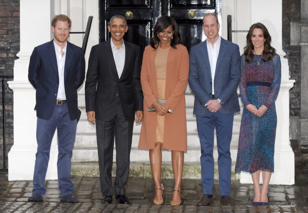 The Duke and Duchess of Cambridge and Prince Harry greet the Obamas for dinner at Kensington Palace. I-Images