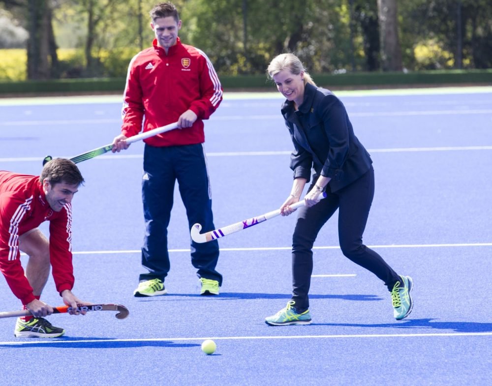 Sophie, Countess of Wessex almost hit the waiting press during a hockey session today. I-Images