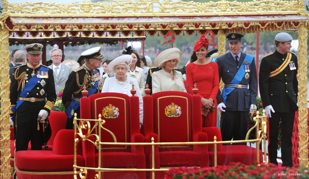 Members of the Royal Family - The Prince of Wales, Duke of Edinburgh, The Queen, The Duchess of Cornwall, Duchess of Cambridge, Duke of Cambridge and Prince Harry - aboard the Spirit of Chartwell during the Diamond Jubilee Pageant on the River Thames