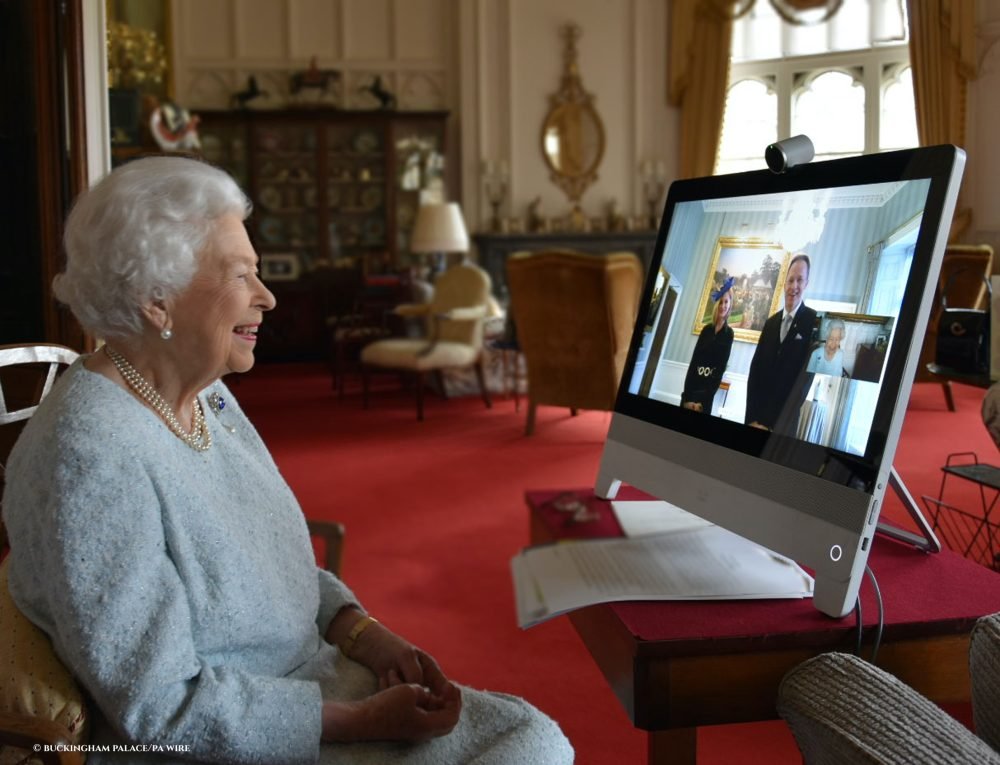 The Queen - in residence at Windsor Castle - speaking by video link during a virtual diplomatic audience with His Excellency Dr. Ferenc Kumin, Ambassador of Hungary