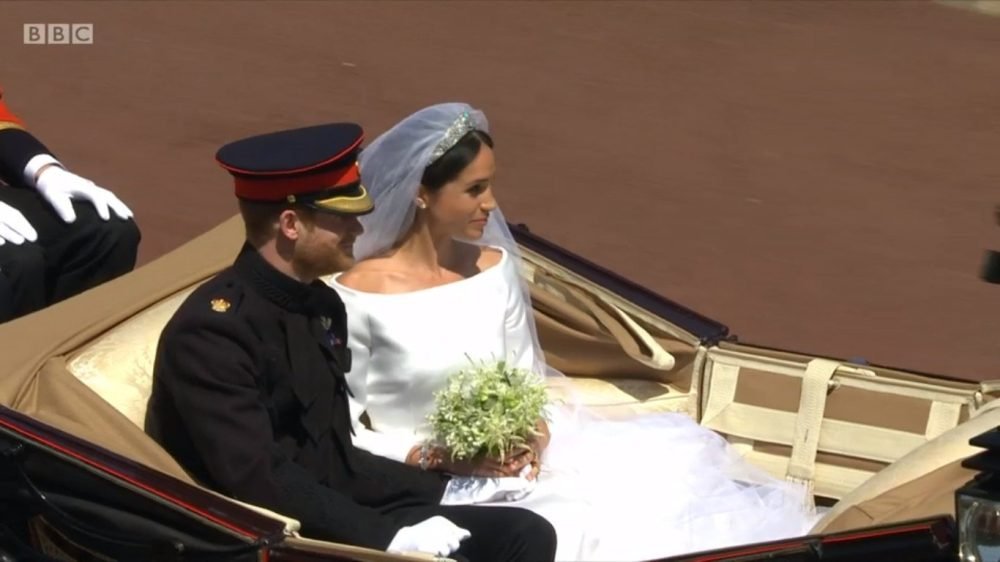 Procession5 The Duke and Duchess of Sussex travel by carriage through the town of Windsor following their wedding ceremony (BBC screenshot)