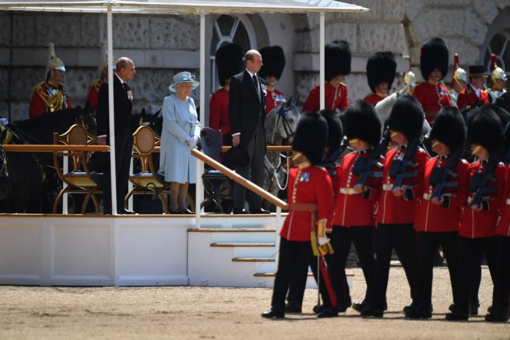 BRITAINS TROOPS CELEBRATE THE BIRTHDAY OF THEIR QUEEN The Queen is Colonel-in-chief of the Household Division; here. she receives the royal salute at Trooping the Colour (MoD)