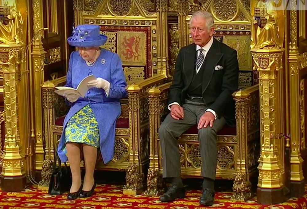 The Queen, joined by Prince Charles, at today's 'casual' State Opening of Parliament (Channel 5 still)