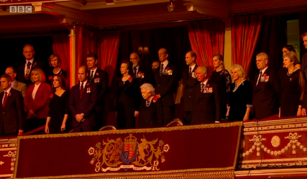 The royal family at the festival of remembrance this evening (bbc still)