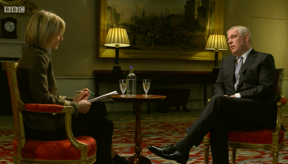 Prince Andrew answers questions regarding his associations with convicted sex offender Jeffrey Epstein (BBC still)