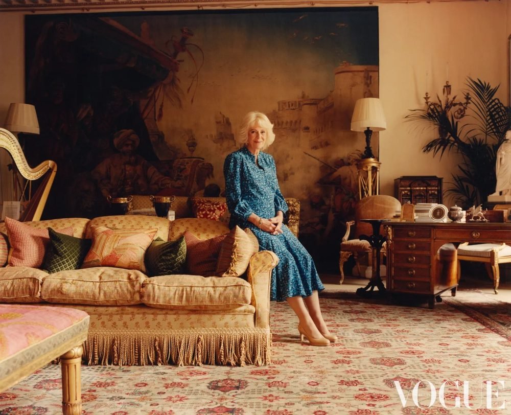 Camilla poses in the Garden Room at Clarence House for Vogue