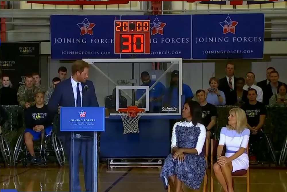 Harry gives his speech after Michelle Obama. Still from Fox News stream.