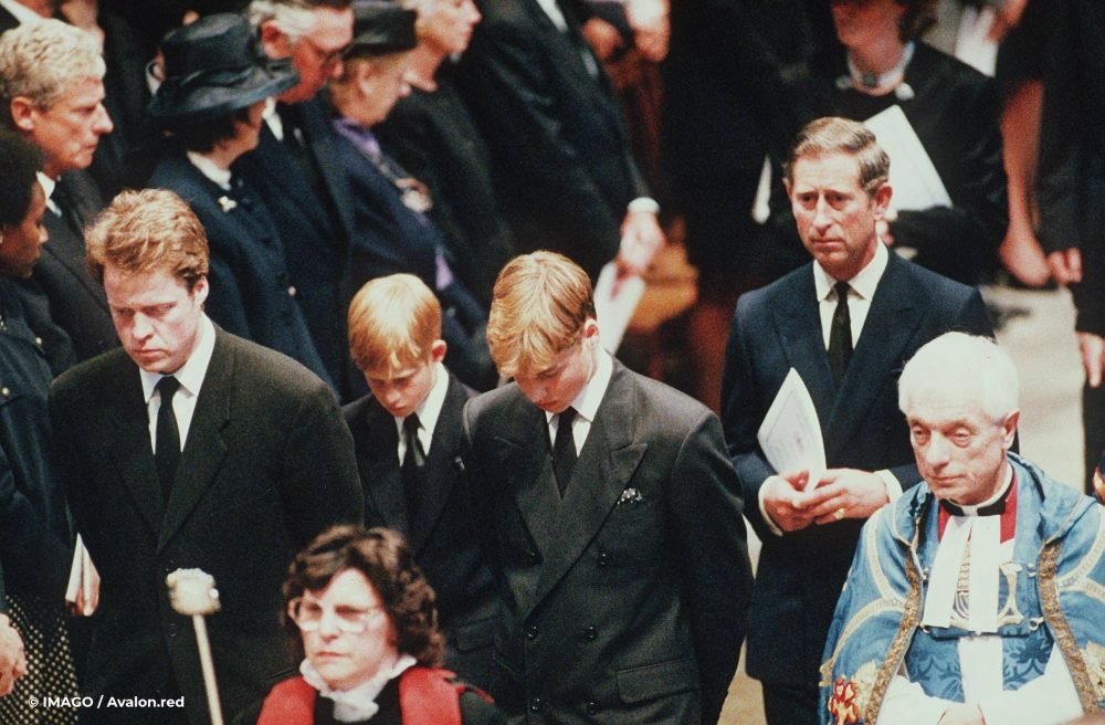 Charles, Earl Spencer, Prince Harry, Prince William and Prince Charles are escorted up the nave of Westminster Abbey for the funeral of Diana, Princess of Wales