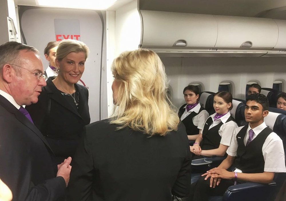 Sophie surveys the facilities at the new college campus, including the mock air cabin (C/ @RoyalFamily Twitter)