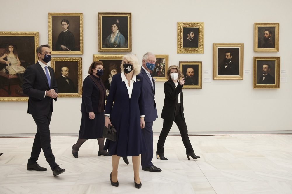 Prince Charles and Camilla are taken on a tour of the Athens National Gallery on the first day in Greece (@UKinGreece)